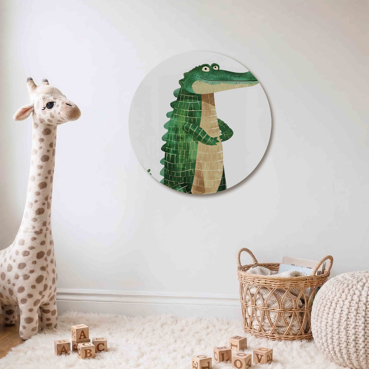 Groene krokodil Muurcirkel – Een groene krokodil met een beige buik staat centraal op de muurcirkel.