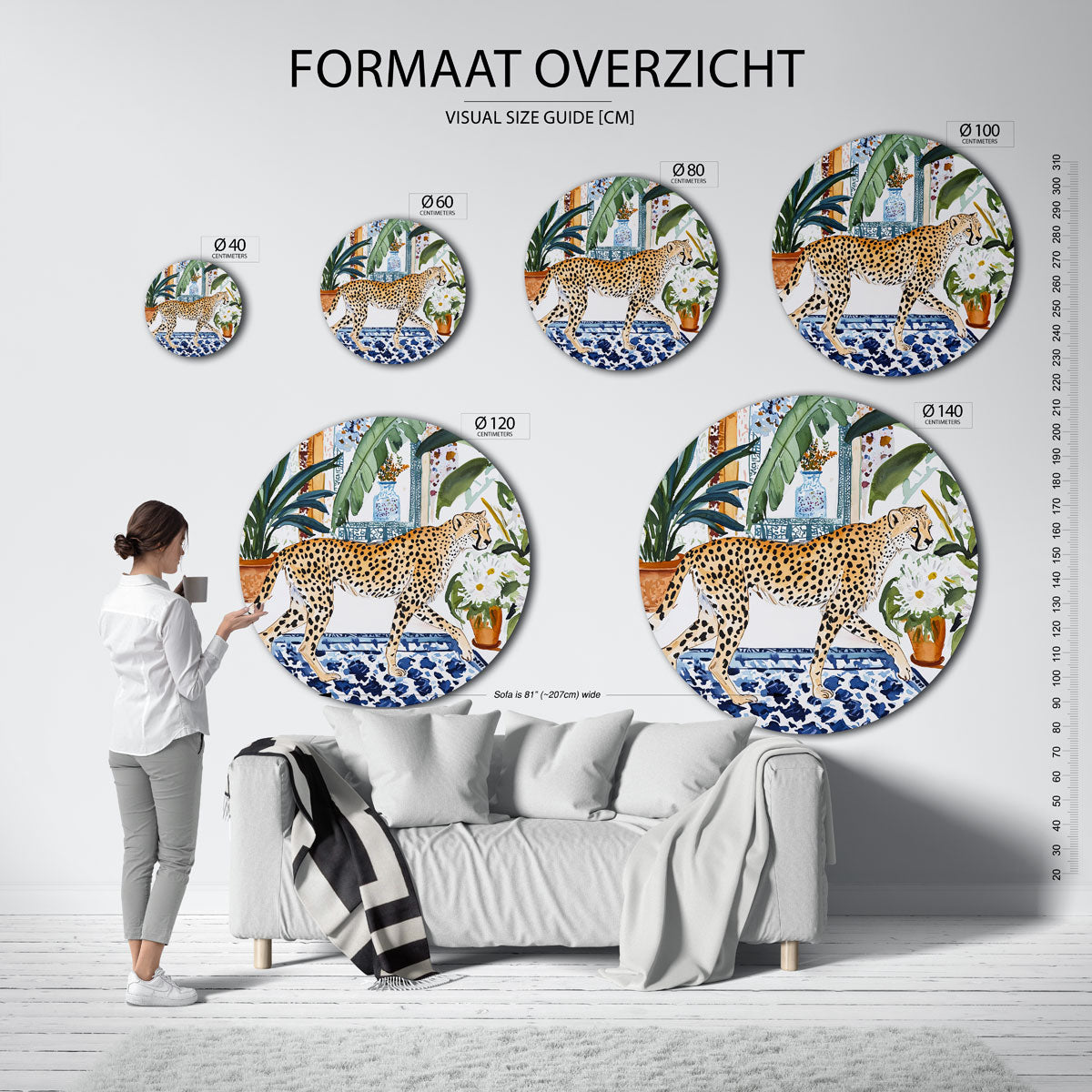 Luipaard en planten – ronde muurcirkel met kleurrijke illustratie