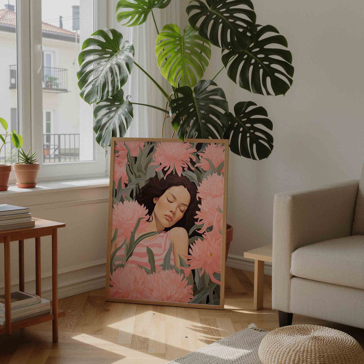 Slapende vrouw tussen bloemen – staande botanische wanddecoratie van WallArtistic