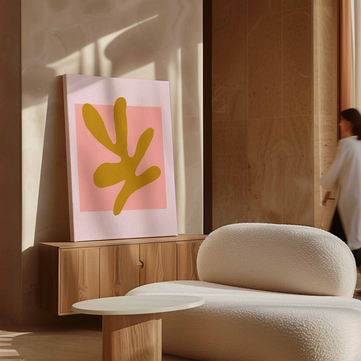 Abstracte Vormen in Oker en Roze – plexiglas wanddecoratie in portret formaat