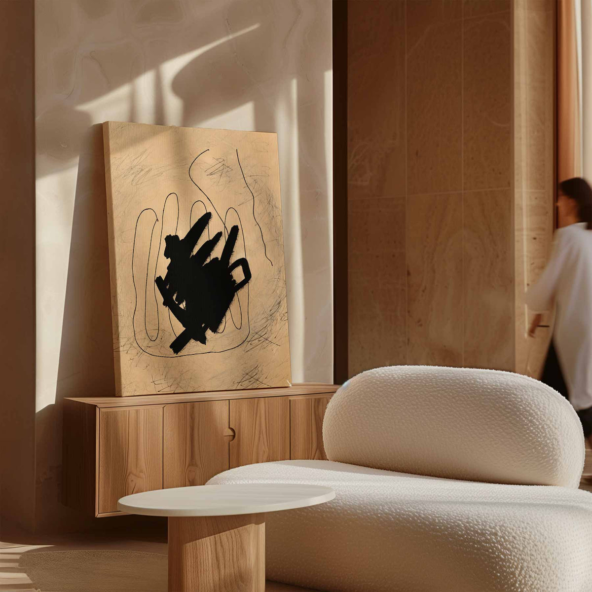 Abstracte Expressie in Zwart en Beige – dibond wanddecoratie in staand formaat