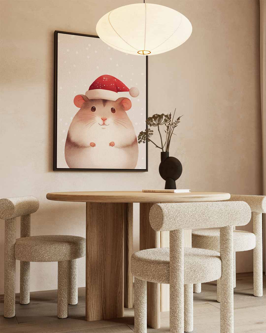 Kersthamster met Kerstmuts – kunstwerk met zwarte baklijst