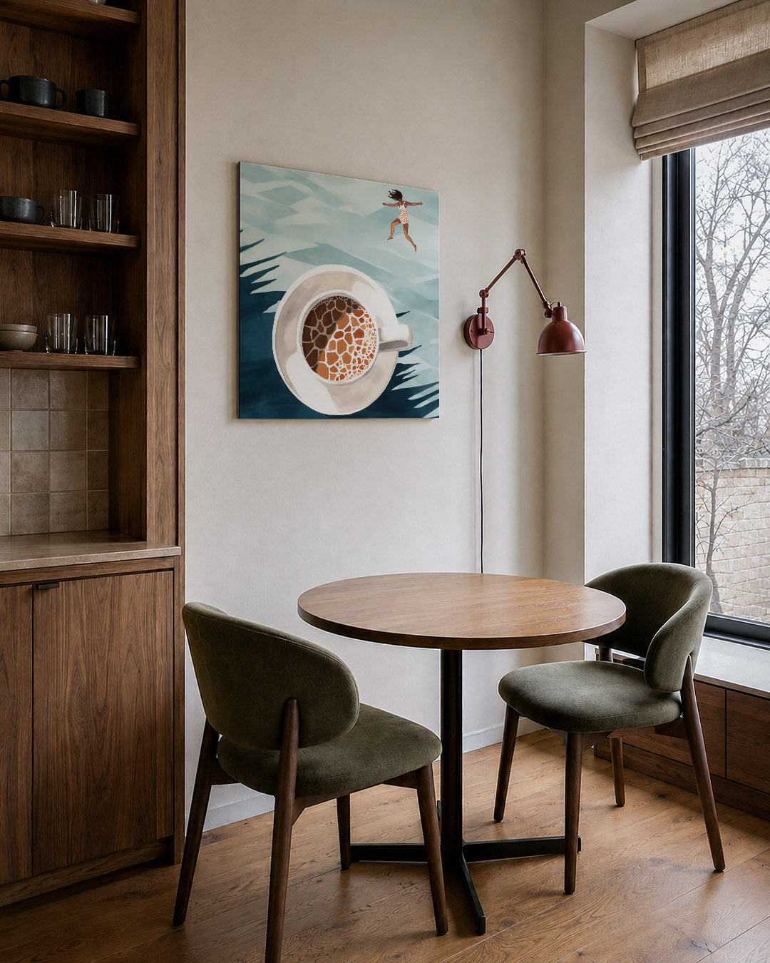 Droomachtige sprong kunstwerk – derde productweergave – dit kunstwerk toont een vrouw die boven een kop koffie zweeft, met