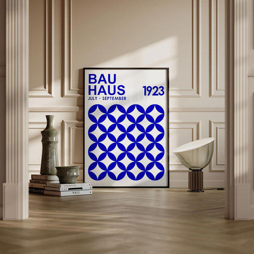 Cirkelritme blauw – moderne Bauhaus wandkunst als poster