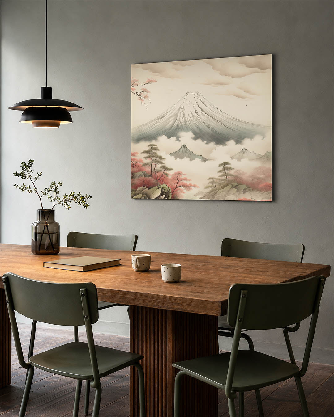 Serene berglandschap kunstwerk – tweede productweergave – dit kunstwerk toont een majestueuze berg omgeven door wolken en