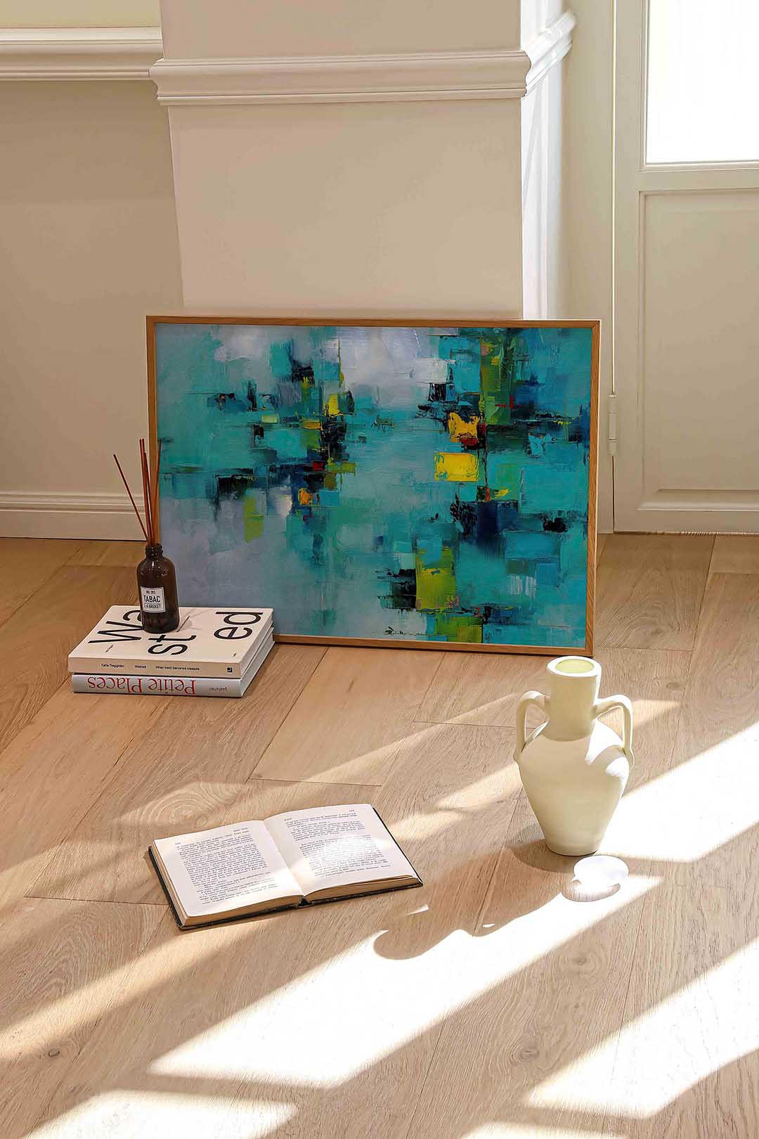 Abstracte blauwe compositie – liggende abstracte wanddecoratie van WallArtistic