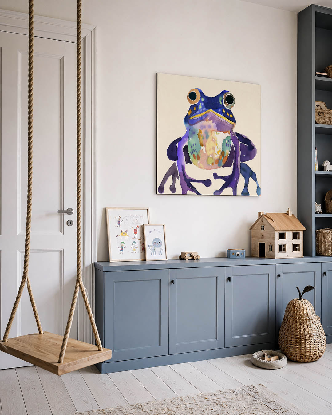 Kleurrijke kikker kunstwerk – vierkante wanddecoratie – dit werk toont een levendige kikker met een speelse mix van kleuren