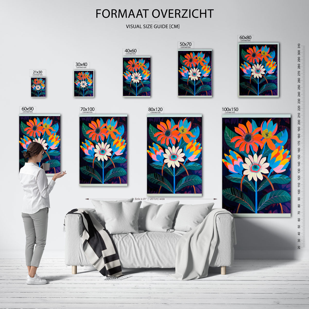 Bloemen en bladeren – staande muurposter met kleurrijke illustratie