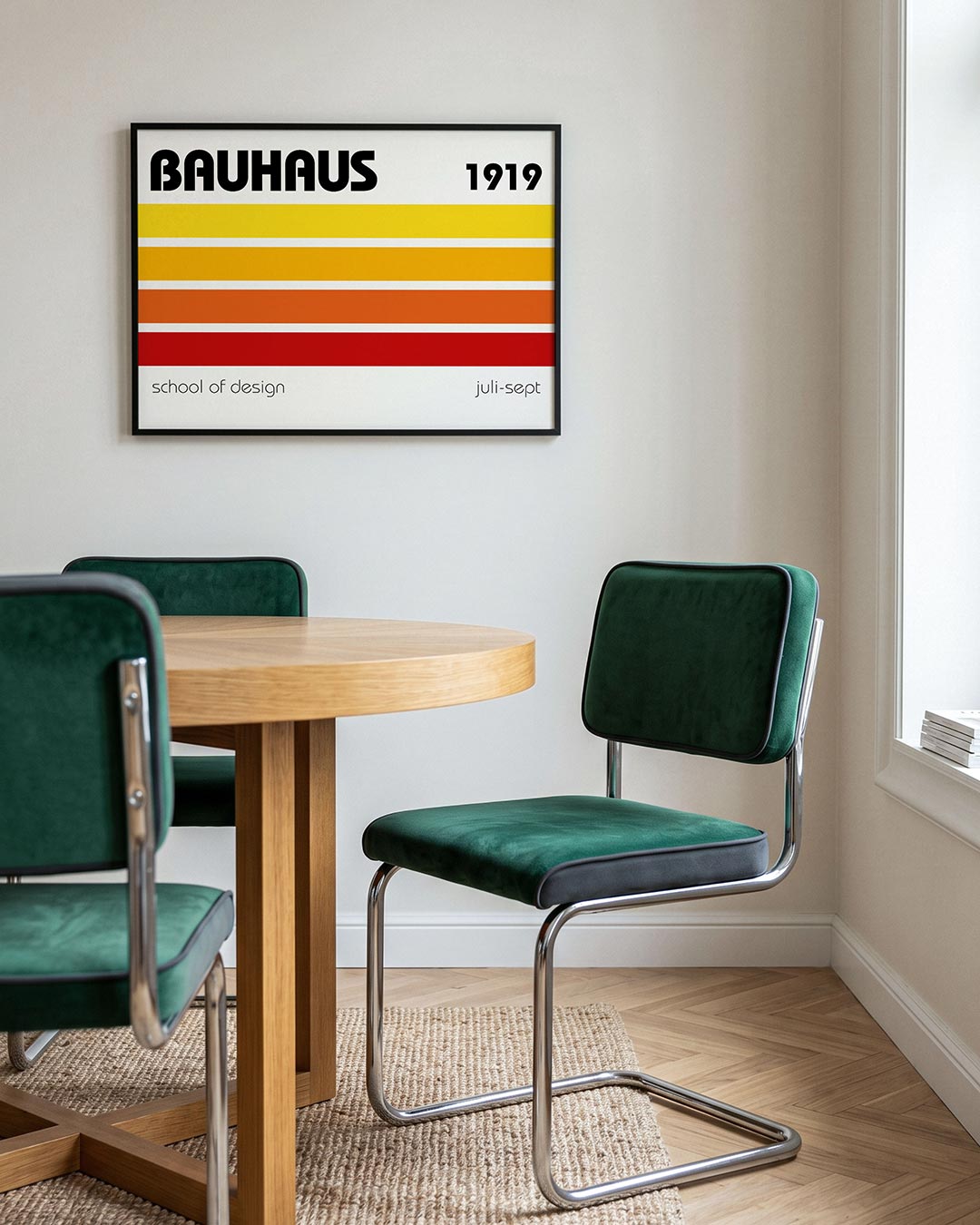 Kleurstroken en tekst – liggende Bauhaus poster voor aan de muur