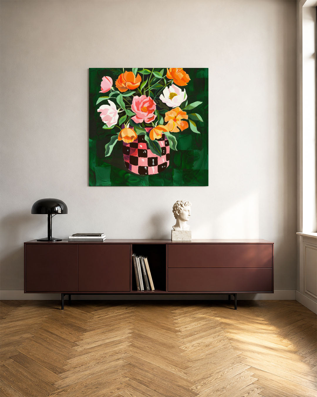 Bloemrijke compositie kunstwerk – tweede productweergave – dit kunstwerk toont een levendig boeket bloemen in een vaas met