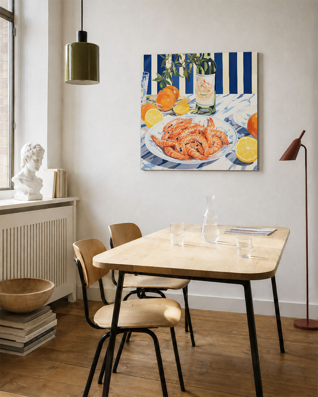 Levendige tafelscène kunstwerk – vierkante wanddecoratie – dit kunstwerk toont een kleurrijke tafelscène met garnalen