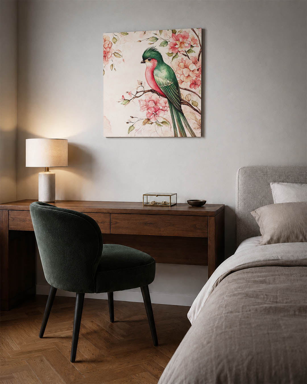 Vogel en bloemen kunstwerk – materiaalweergave – dit werk toont een kleurrijke vogel zittend op een tak, omringd door