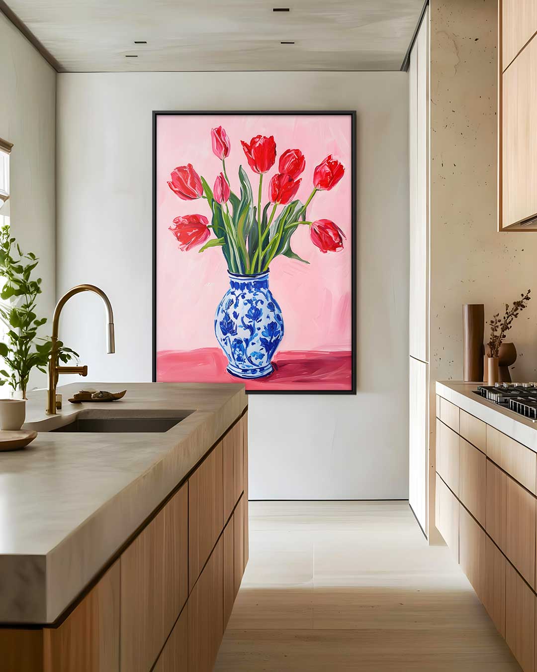 Vrolijke Tulpen in Delfts Blauw – modern portret kunstwerk van WallArtistic