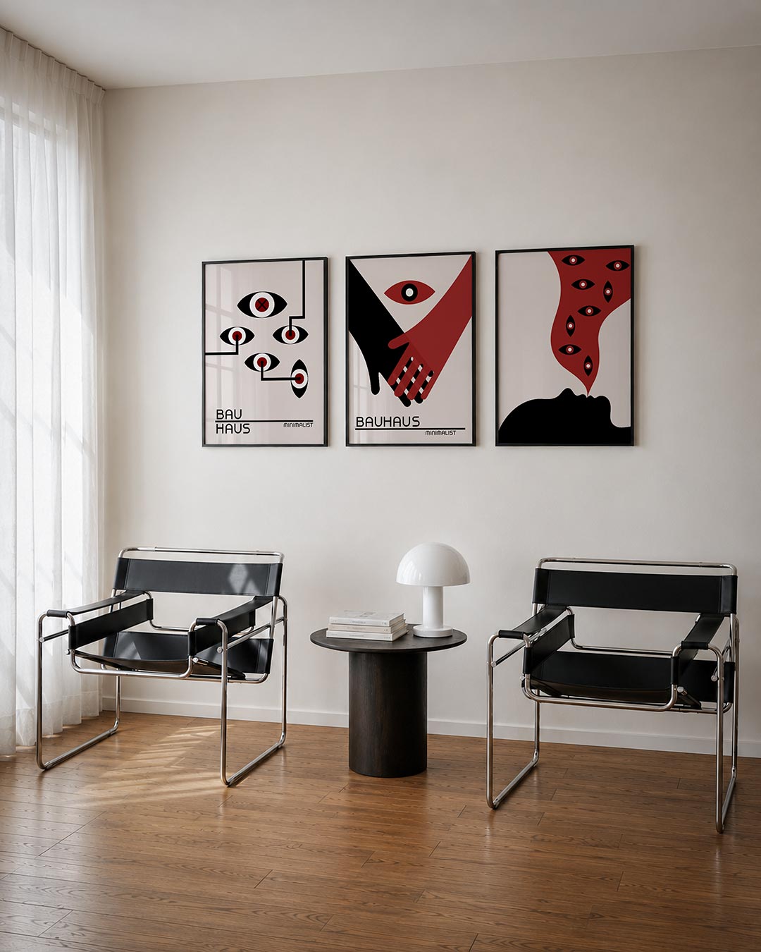 Oogvormen en lijnen driedelige posterset – deze posterset in drie delen toont een spel van zwarte en rode oogvormen verbonden