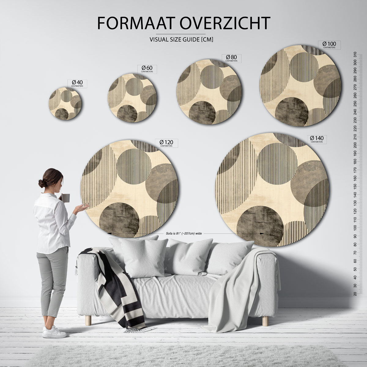 Gestreepte cirkels – ronde muurdecoratie met vrouwelijk portret