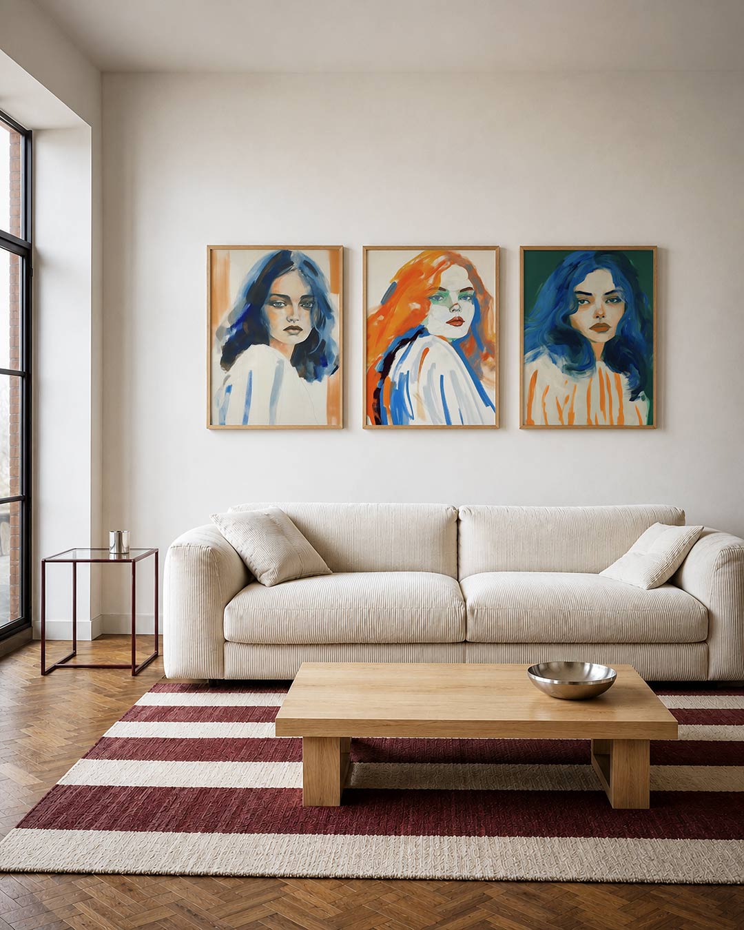 Kleur en portret driedelige posterset – een vrouwelijk portret met blauwe en oranje tinten