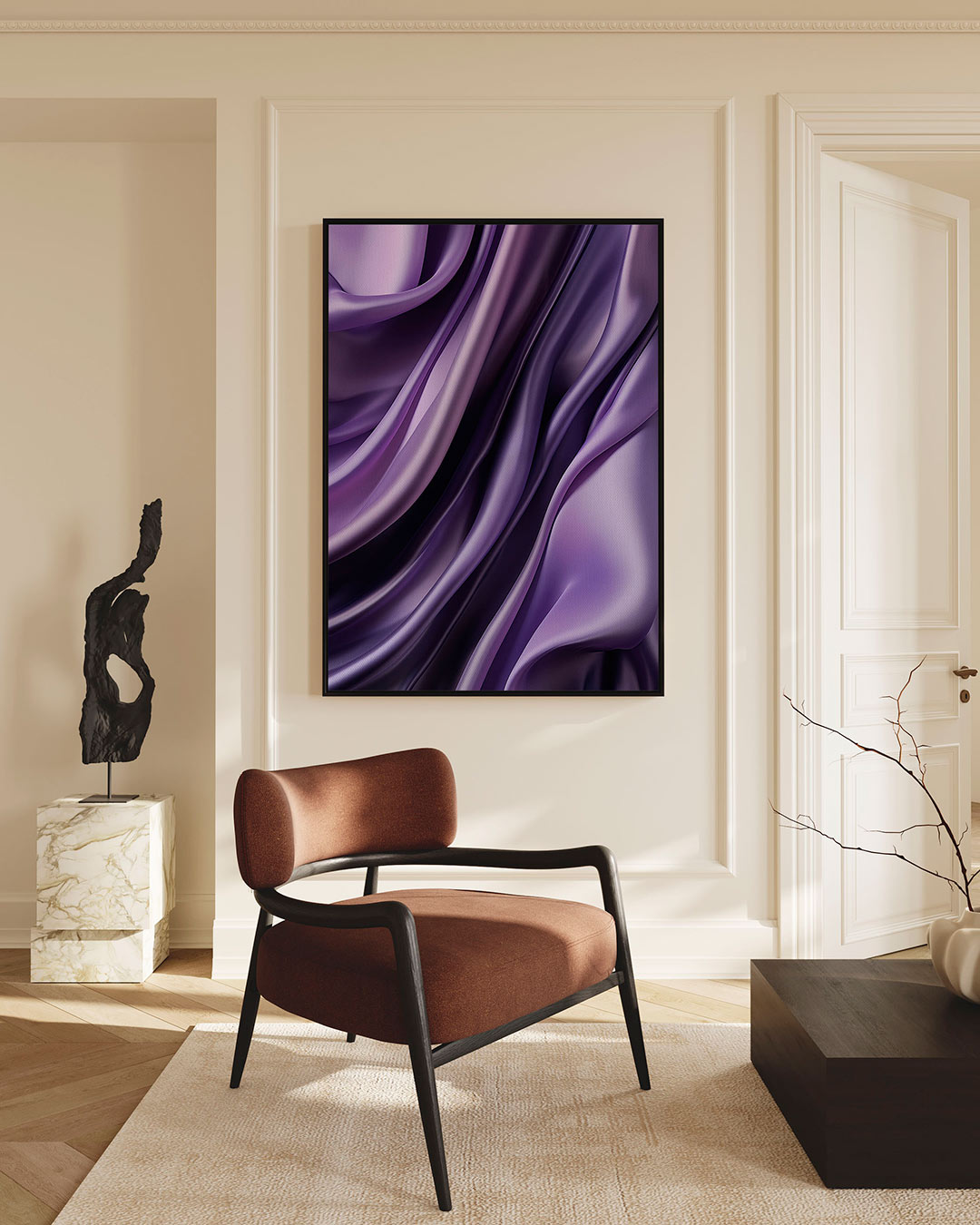 Golvende paarse vormen – staande wanddecoratie