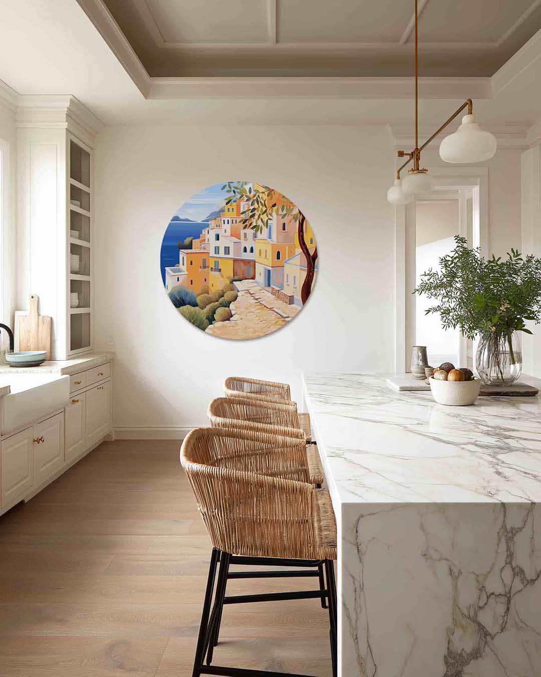 Mediterrane huizen – abstracte muurcirkel als ronde wanddecoratie