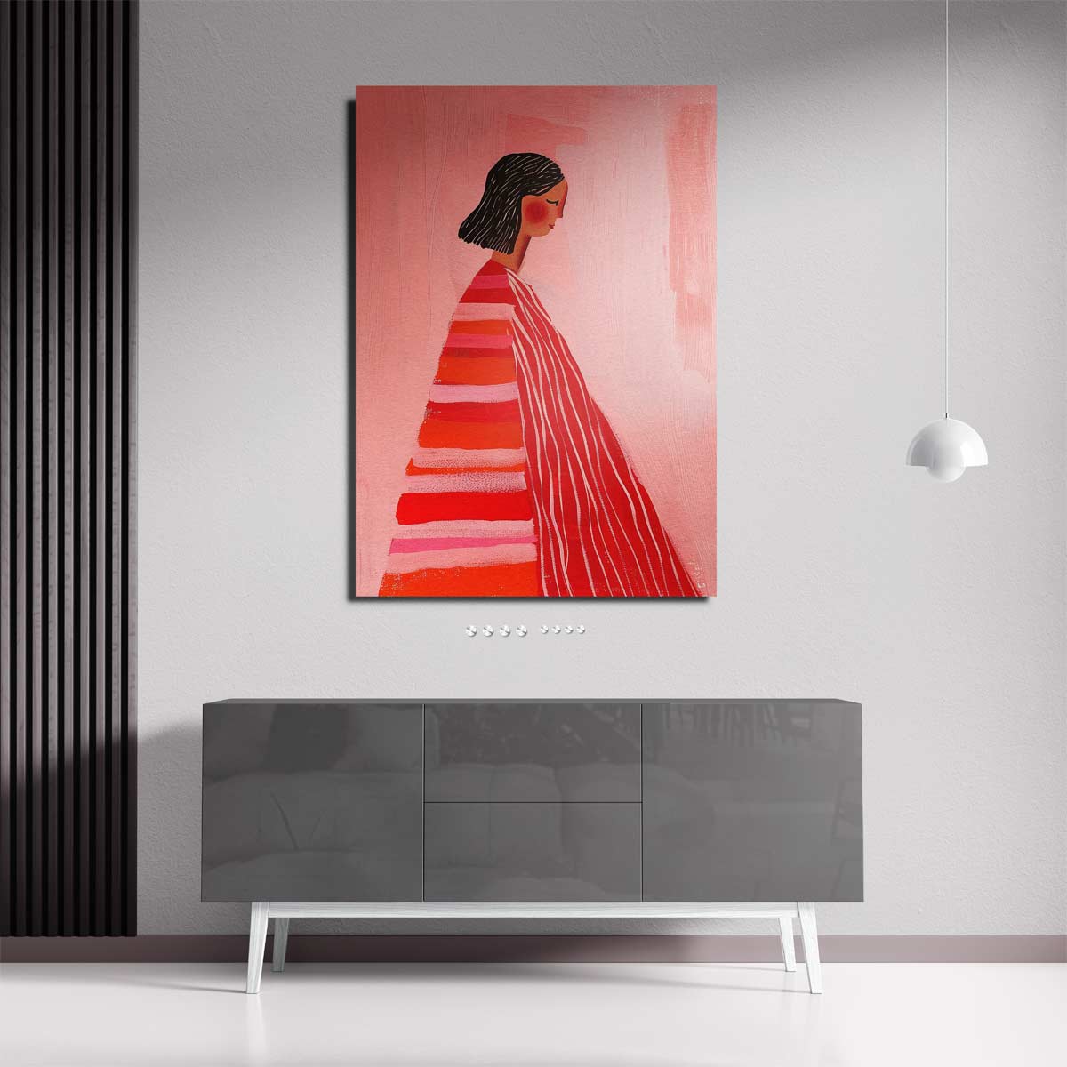 Vrouw in Roze en Rood – dibond wanddecoratie in staand formaat