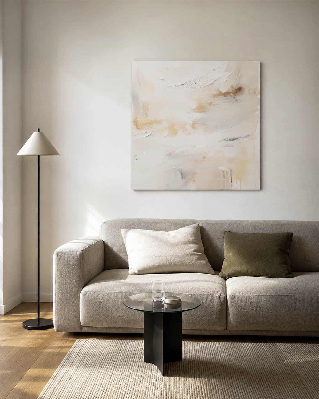 Zachte kleuren harmonie kunstwerk – vierkante wanddecoratie – dit kunstwerk toont een vloeiende compositie van beige en wit