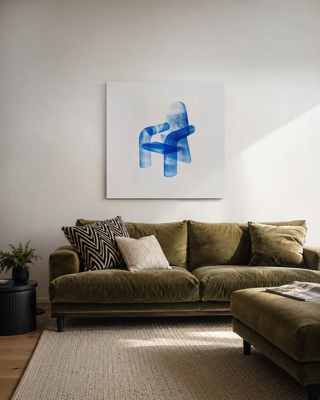 Transparante stoelvorm kunstwerk – derde productweergave – dit kunstwerk toont een transparante stoelvorm in blauw, met