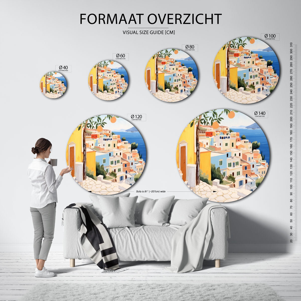 Mediterrane huizen en zee – abstracte wandkunst als muurcirkel van WallArtistic