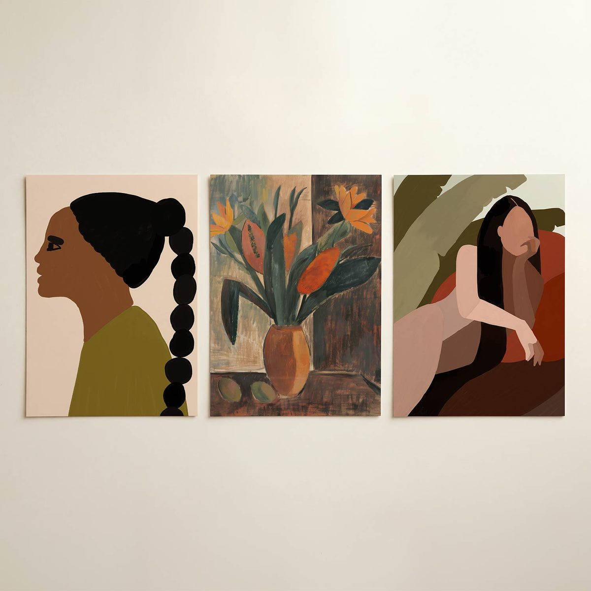 Vorm en silhouet posterset – detailweergave – een silhouet in profiel met een vlecht, tegen een zachte