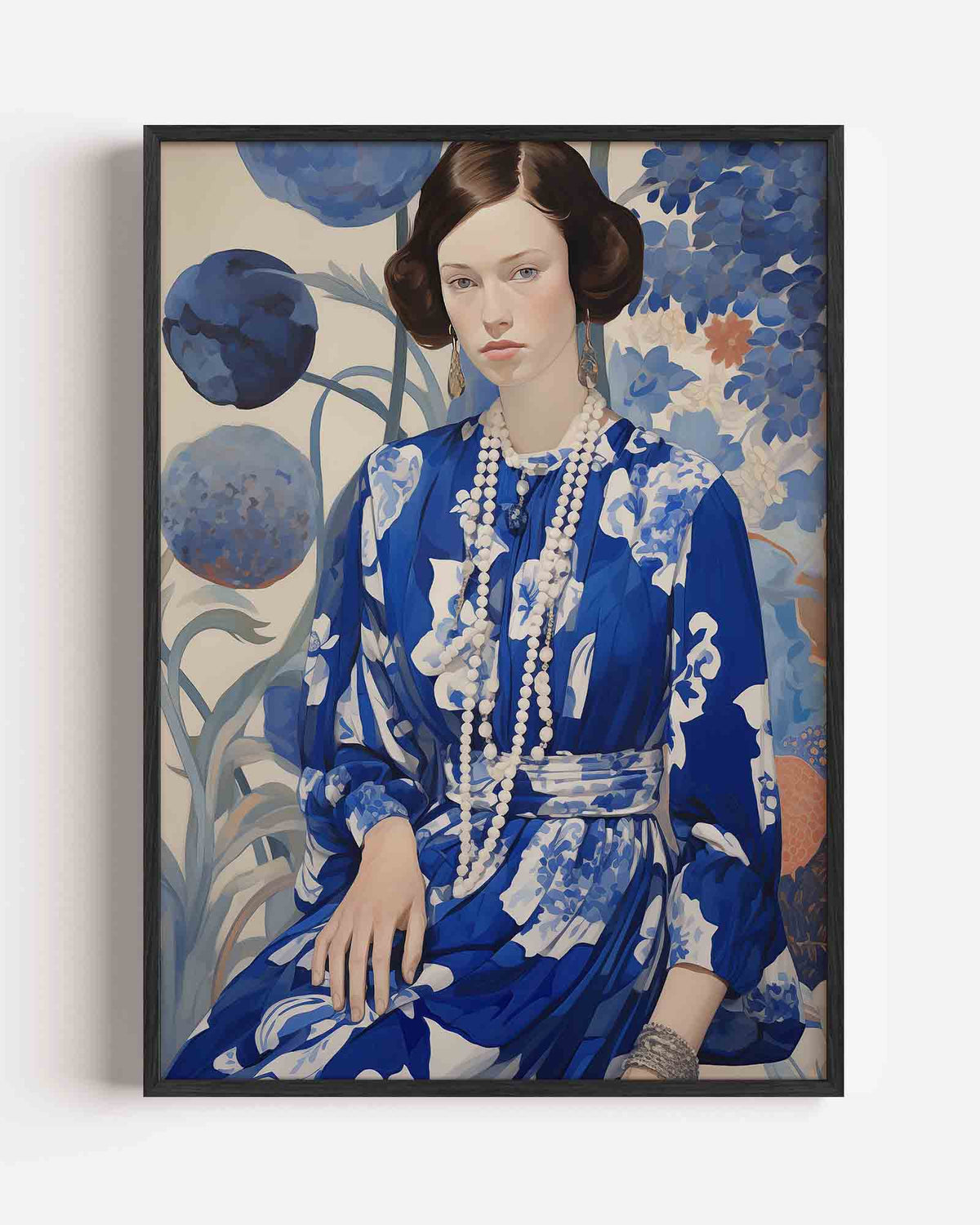Vrouw in blauwe jurk – botanische portret poster als wanddecoratie