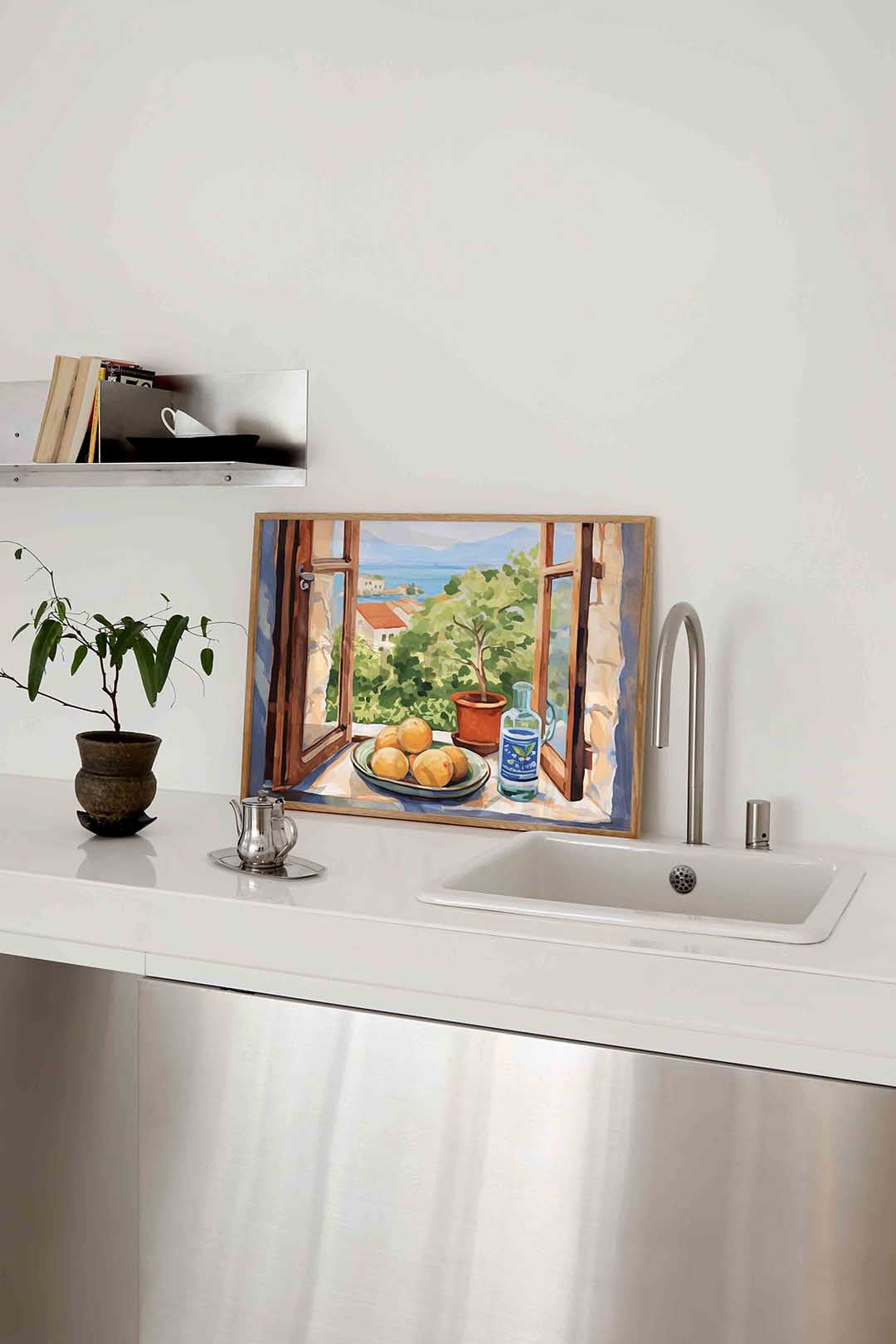Uitzicht met citrus en fles – keukenposter in liggend formaat