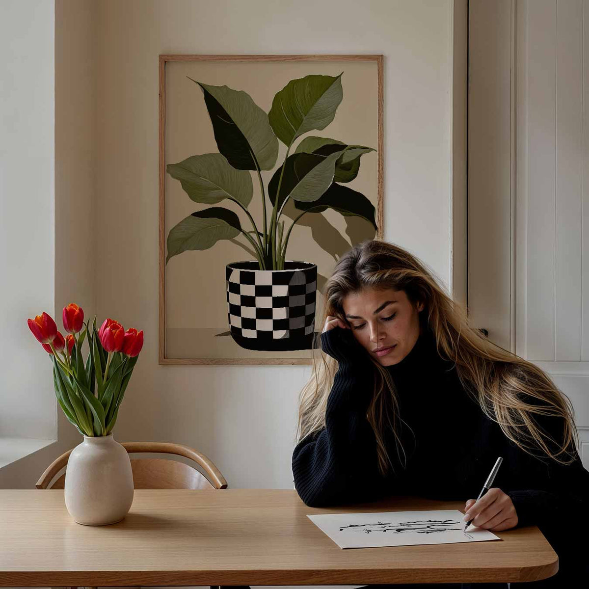 Stijlvolle Plant in Schakenpot – bloemen poster als moderne staande wanddecoratie