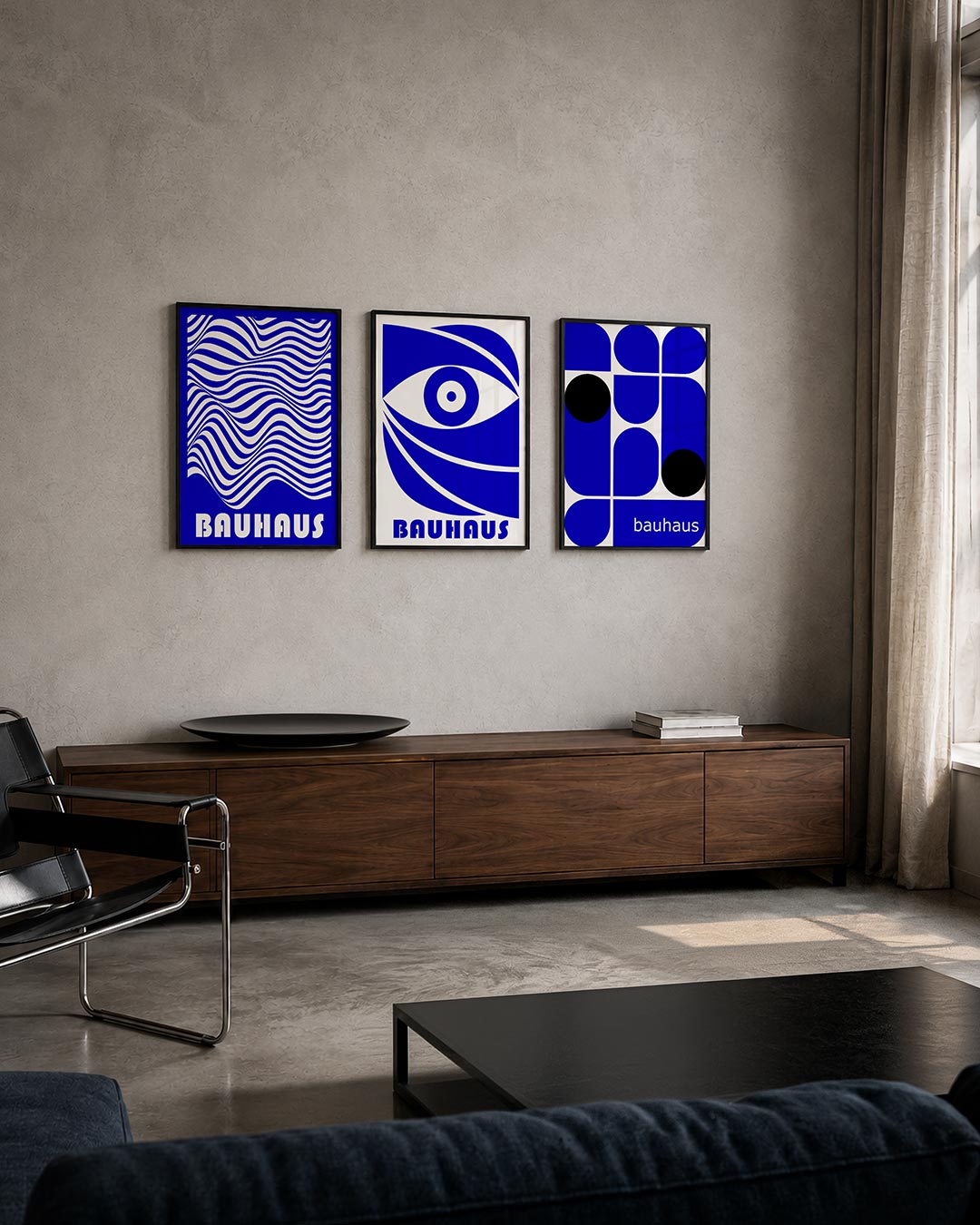 Golvend lijnenspel posterset – tweede productweergave – deze poster toont vloeiende, golvende lijnen in wit en blauw. De