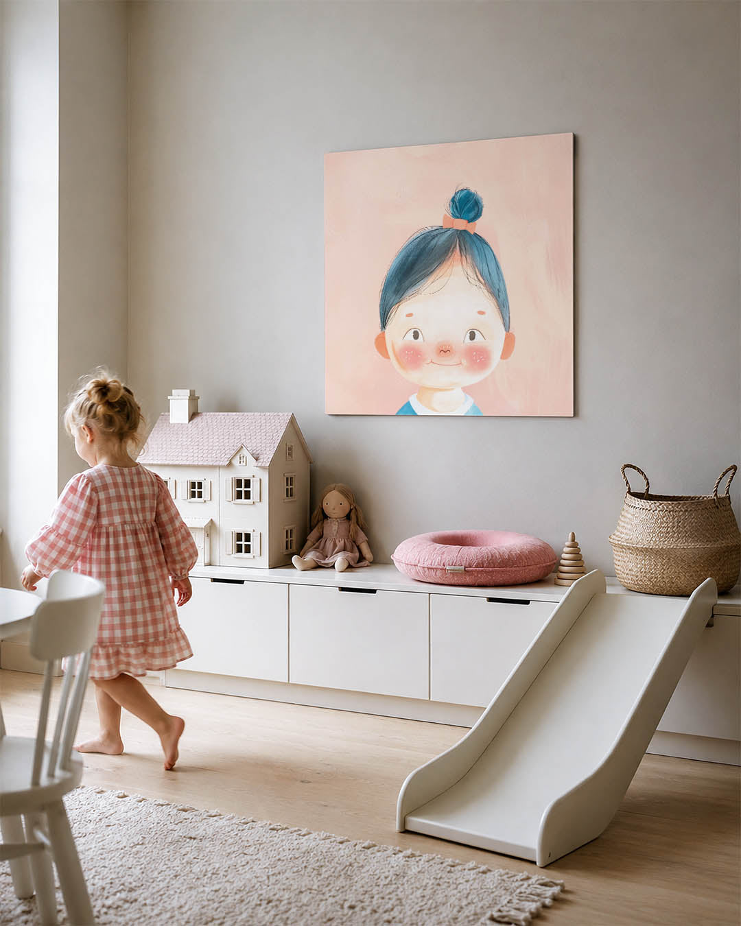Vrolijk portret kind kunstwerk – tweede productweergave – dit kunstwerk toont een vrolijk kind met blauwe haren en een oranje