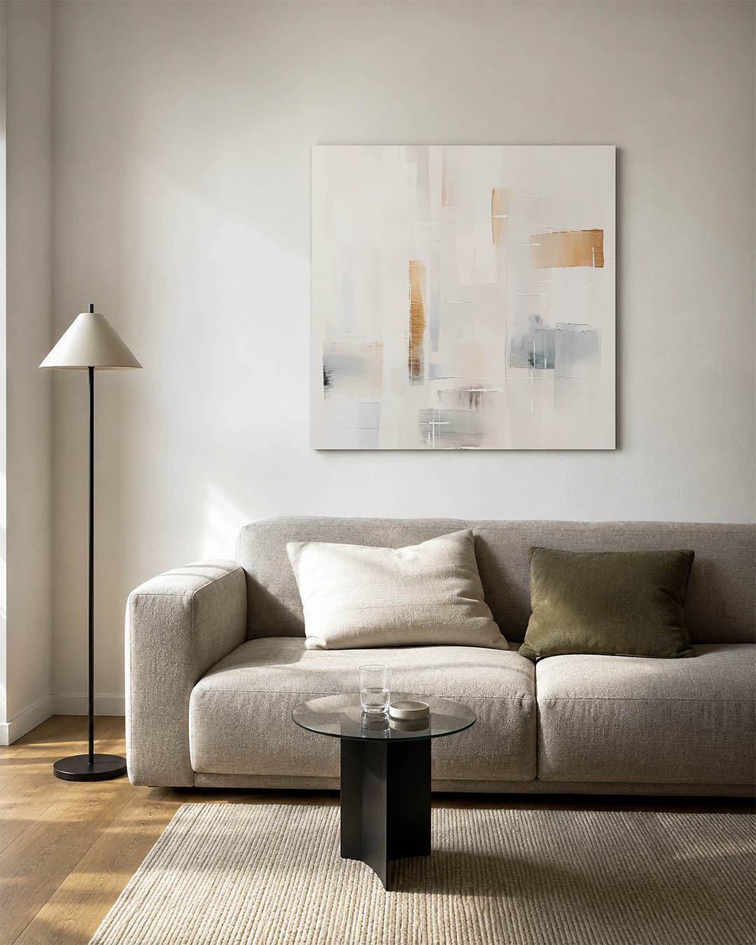 Lichte geometrische compositie kunstwerk – vierkante wanddecoratie – dit werk toont een subtiele mix van rechthoekige vormen