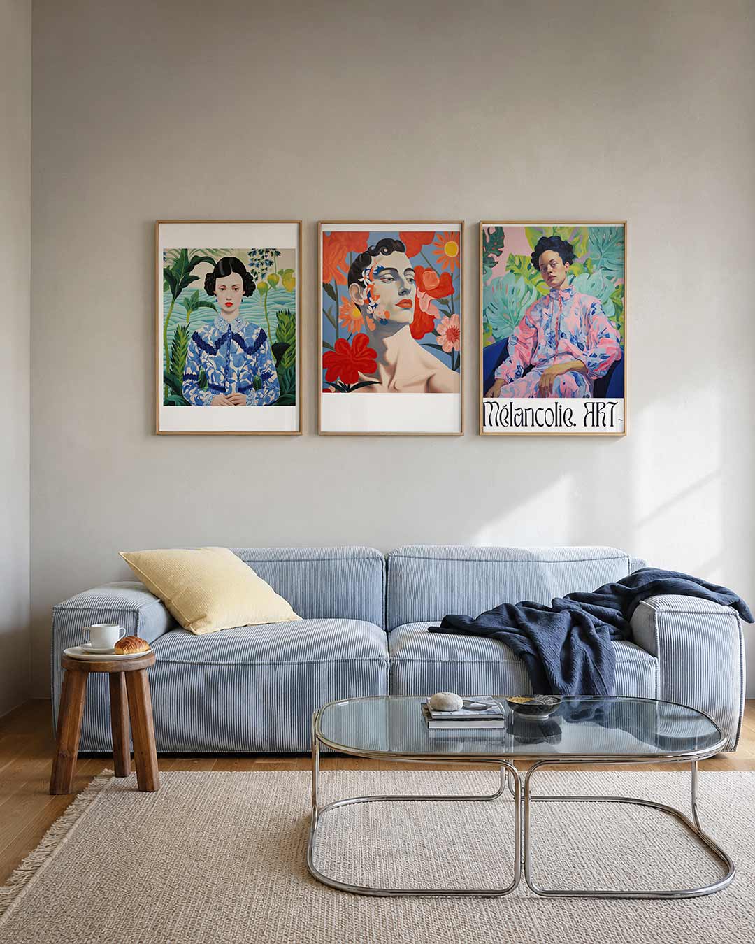 Natuurlijke harmonie posterset – tweede productweergave – een vrouw in een blauw-wit patroon staat centraal, omgeven