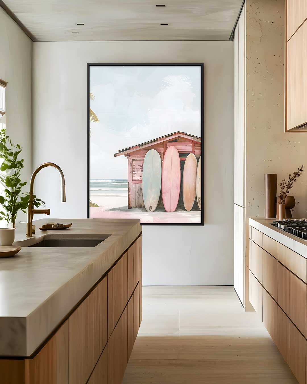 Strandhut met Surfplanken – modern portret kunstwerk van WallArtistic