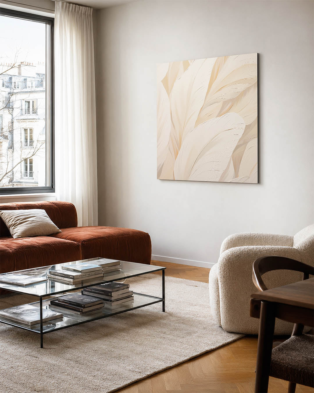 Organische vormen kunstwerk – vierkante wanddecoratie – dit kunstwerk toont vloeiende, overlappende vormen in zachte beige