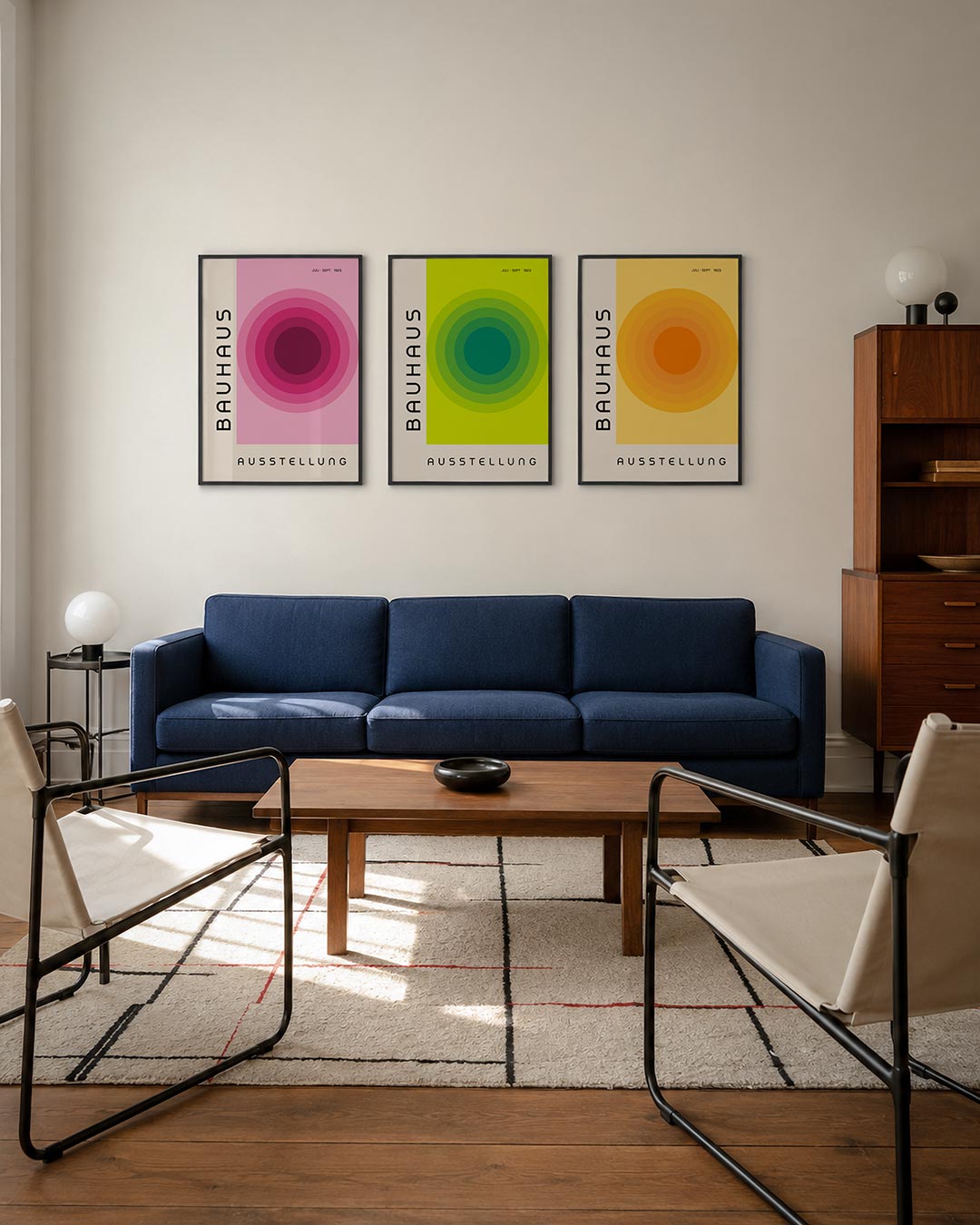 Cirkelvormige kleurvlakken driedelige posterset – deze posterset in drie delen toont een spel van concentrische cirkels in