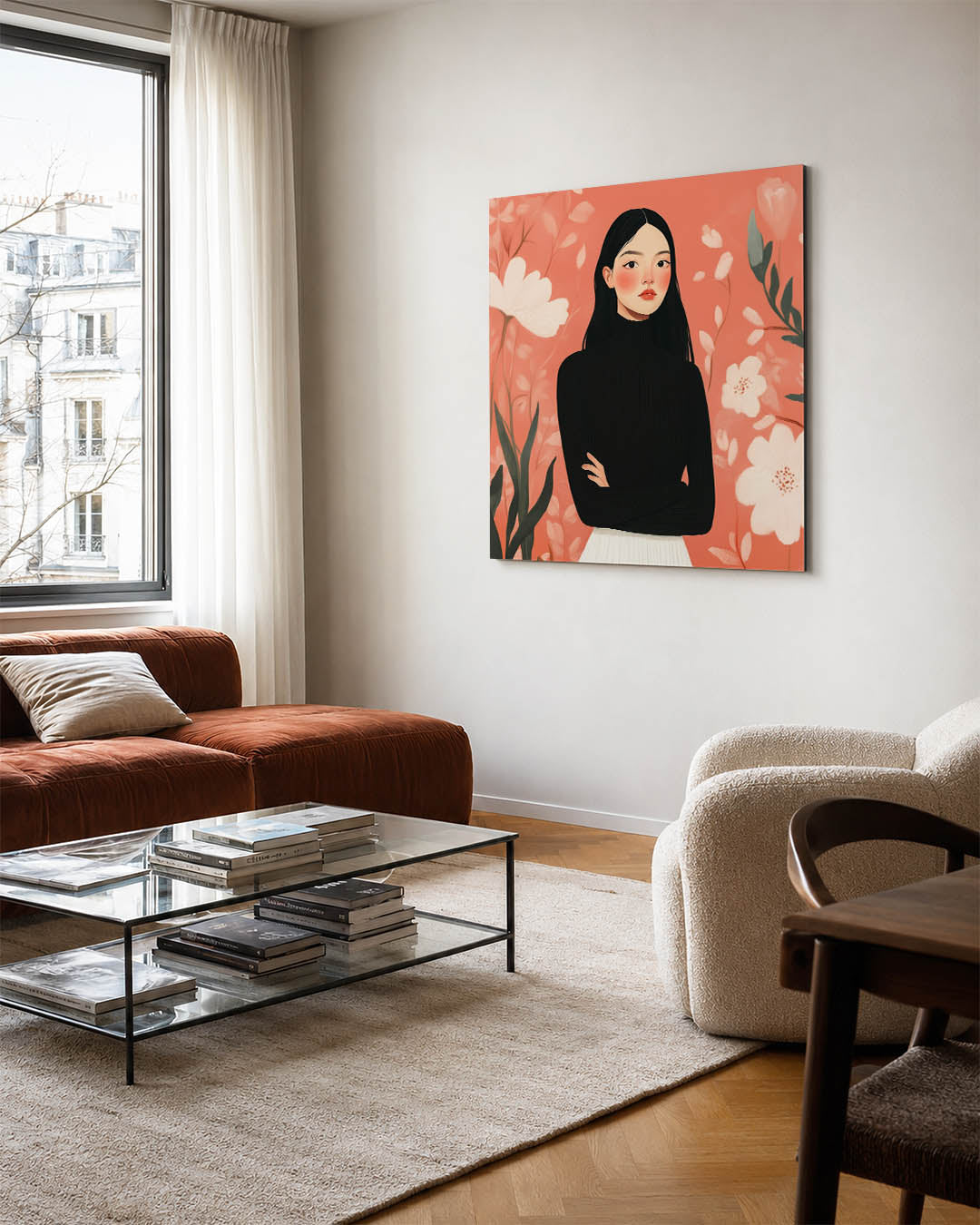 Vrouwelijk portret bloemen kunstwerk – vierkante wanddecoratie – dit kunstwerk toont een vrouw in een zwarte trui tegen een