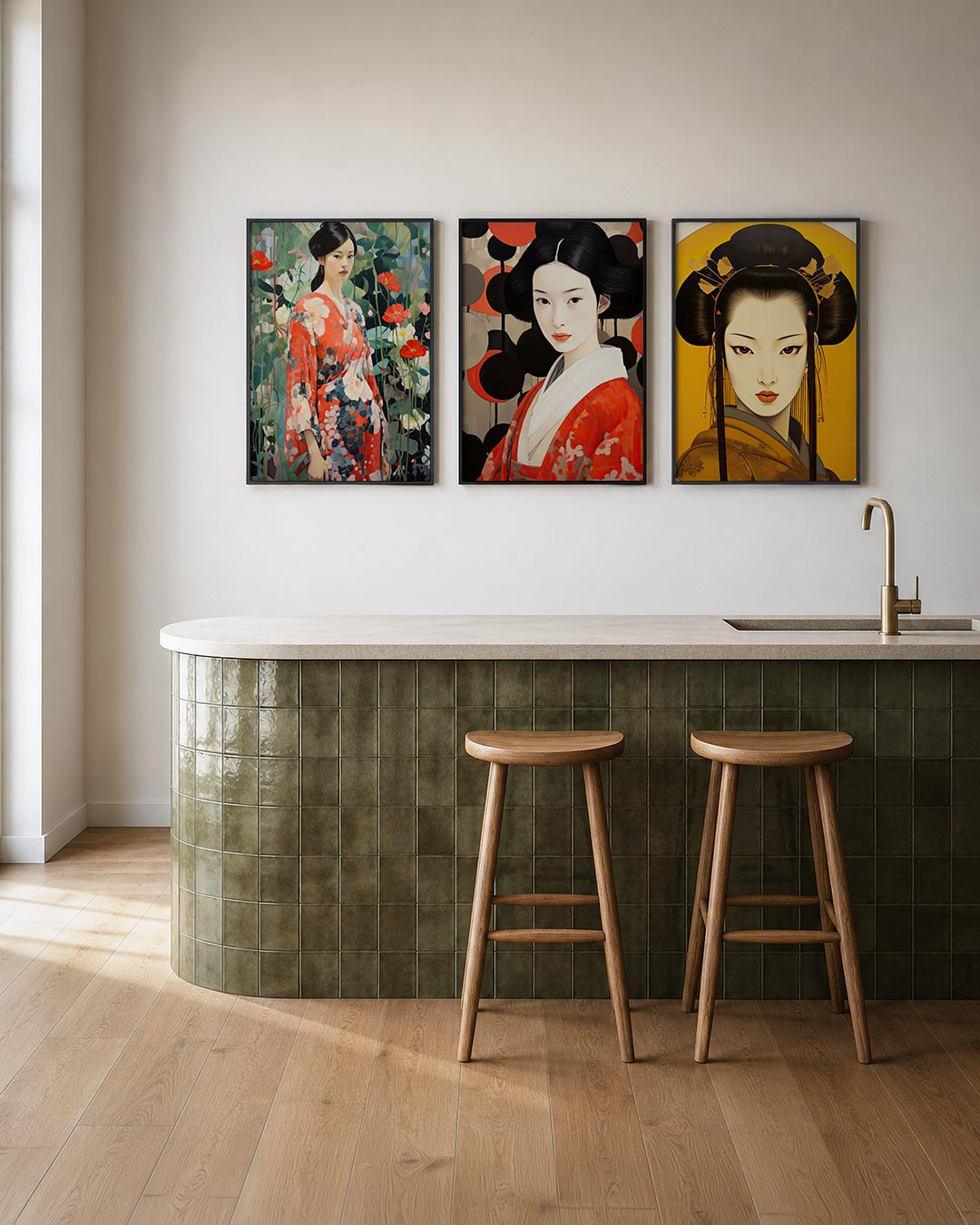 Bloemen en kimono posterset – tweede productweergave – een vrouw in een rode kimono met bloemenpatroon staat