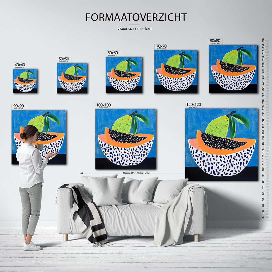 Fruit en patronen kunstwerk – dit werk toont een kleurrijke compositie van fruit met levendige patronen. De contrasterende