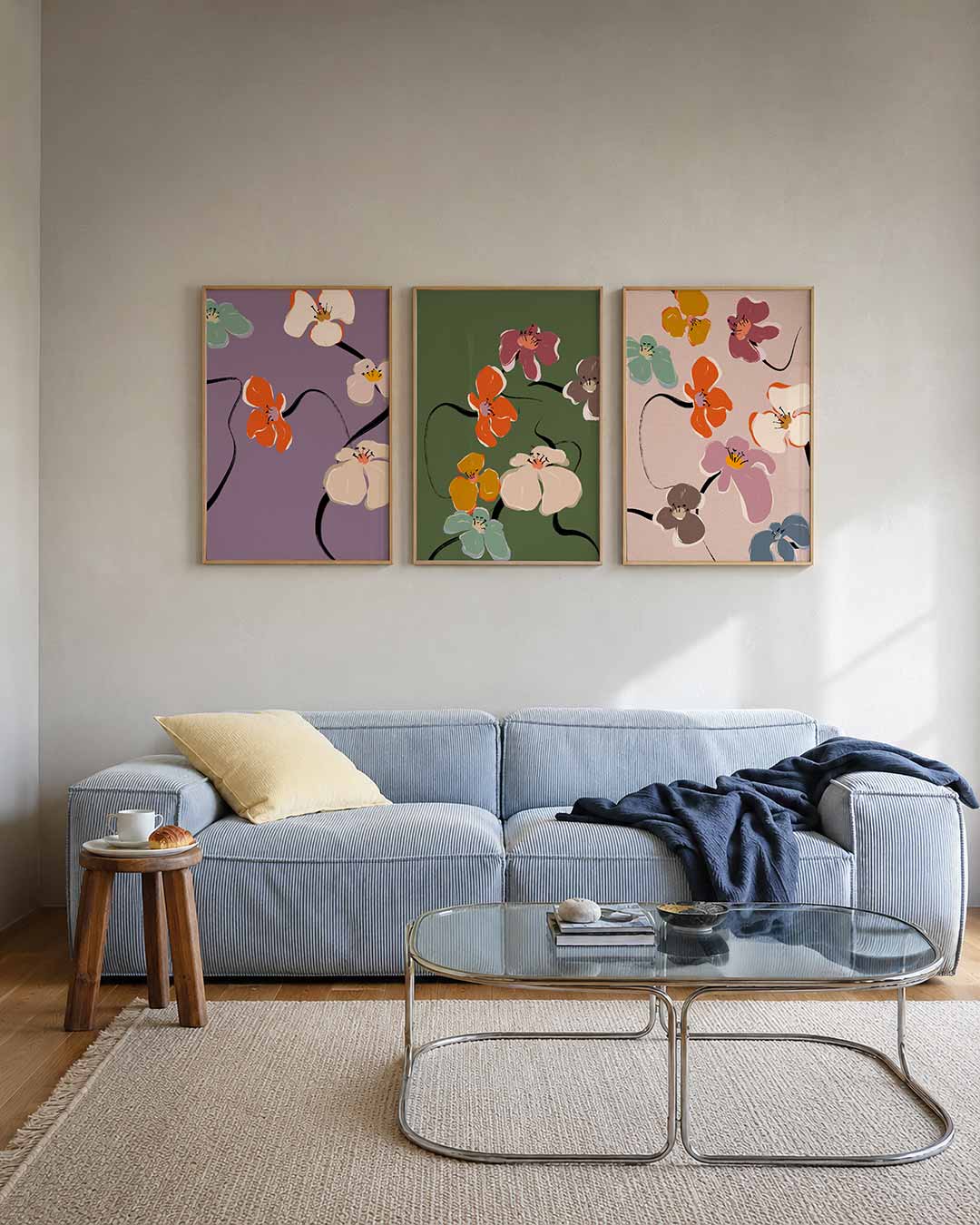 Bloemrijke lijnen posterset – tweede productweergave – deze posterset in drie delen toont kleurrijke bloemen op