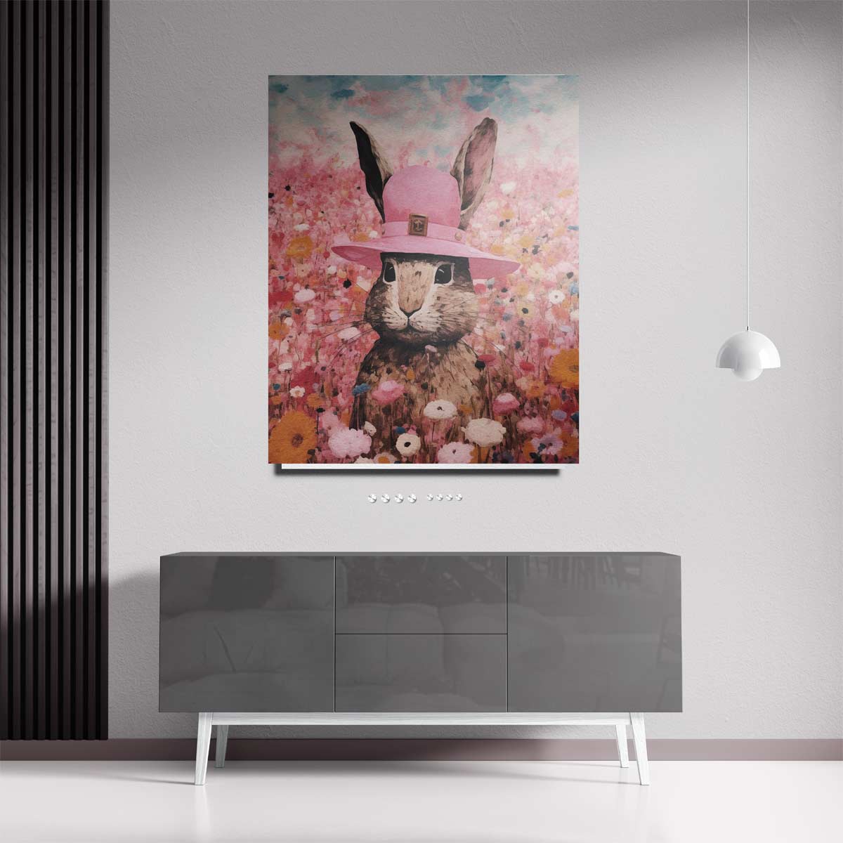 Konijn in Bloemenparadijs – staande wandkunst voor woonkamer of interieur