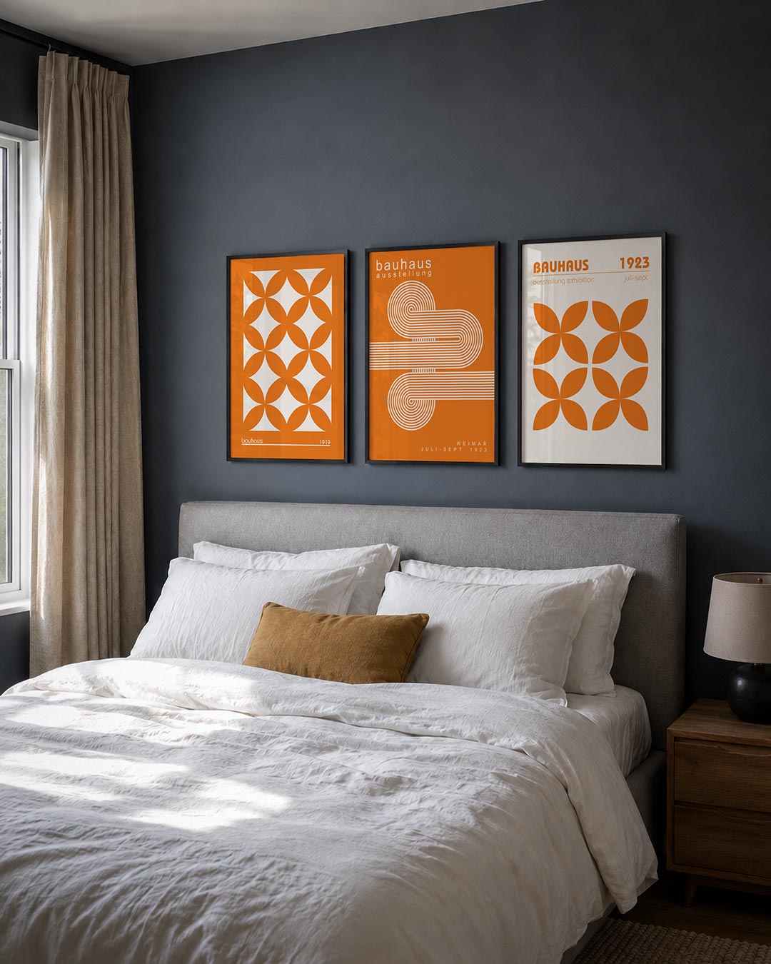 Oranje cirkelpatroon posterset – derde productweergave – deze posterset in drie delen toont een levendig oranje patroon van