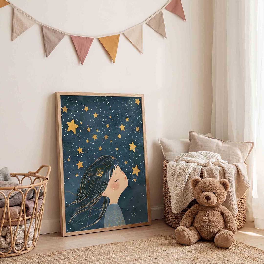 Meisje met sterren – speelse wandkunst als portret kinderposter