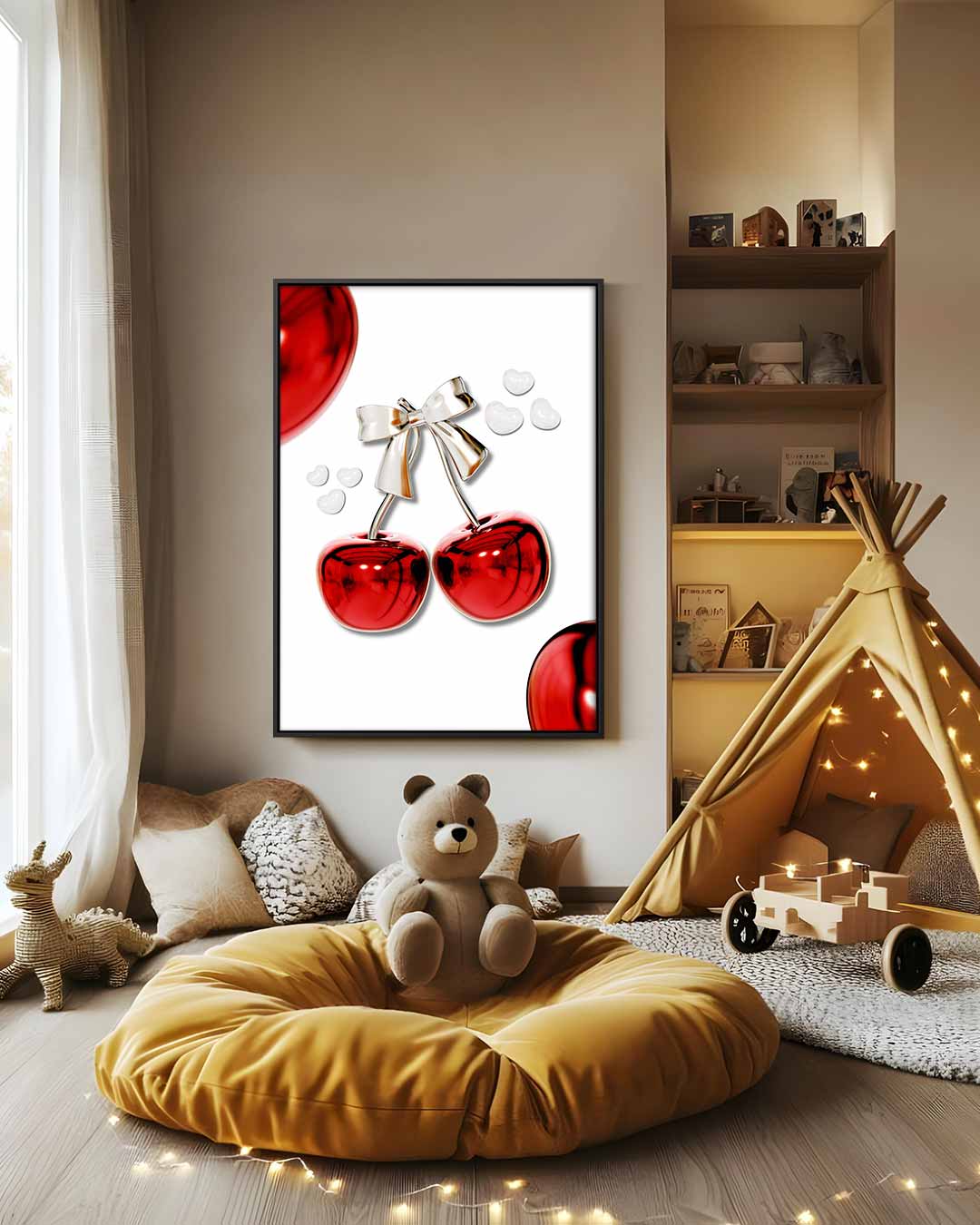 Glanzende Kersen met Strik – modern portret kunstwerk van WallArtistic