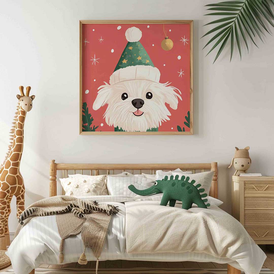 Hond met kerstmuts – vierkante kinderkamer wanddecoratie van WallArtistic