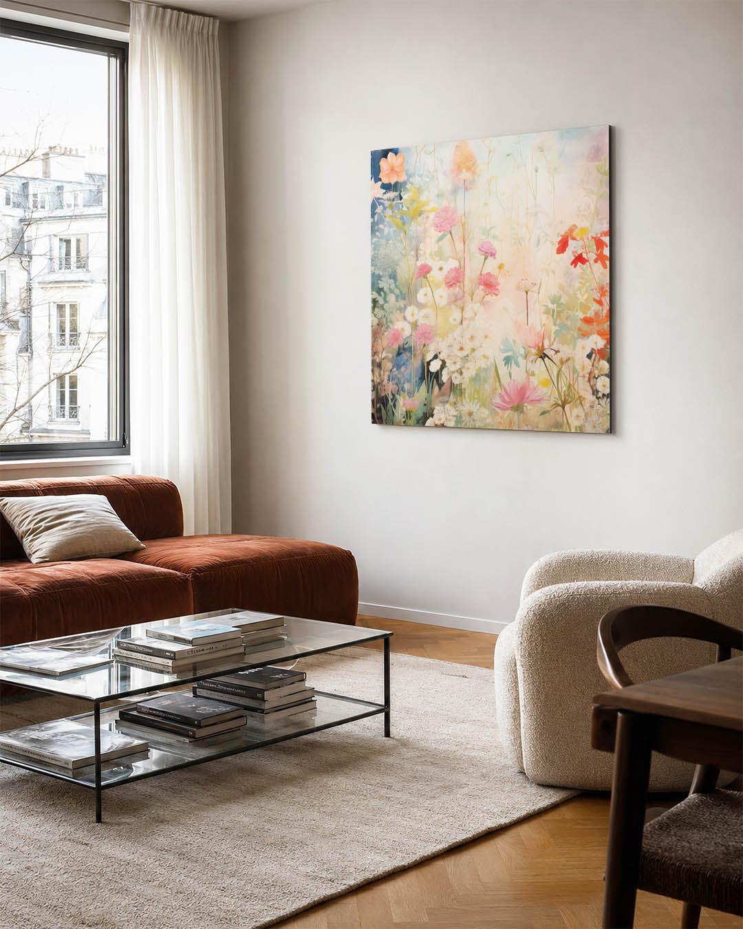 Bloemenpracht kunstwerk – vierkante wanddecoratie – dit kunstwerk toont een weelderige verzameling bloemen in zachte tinten