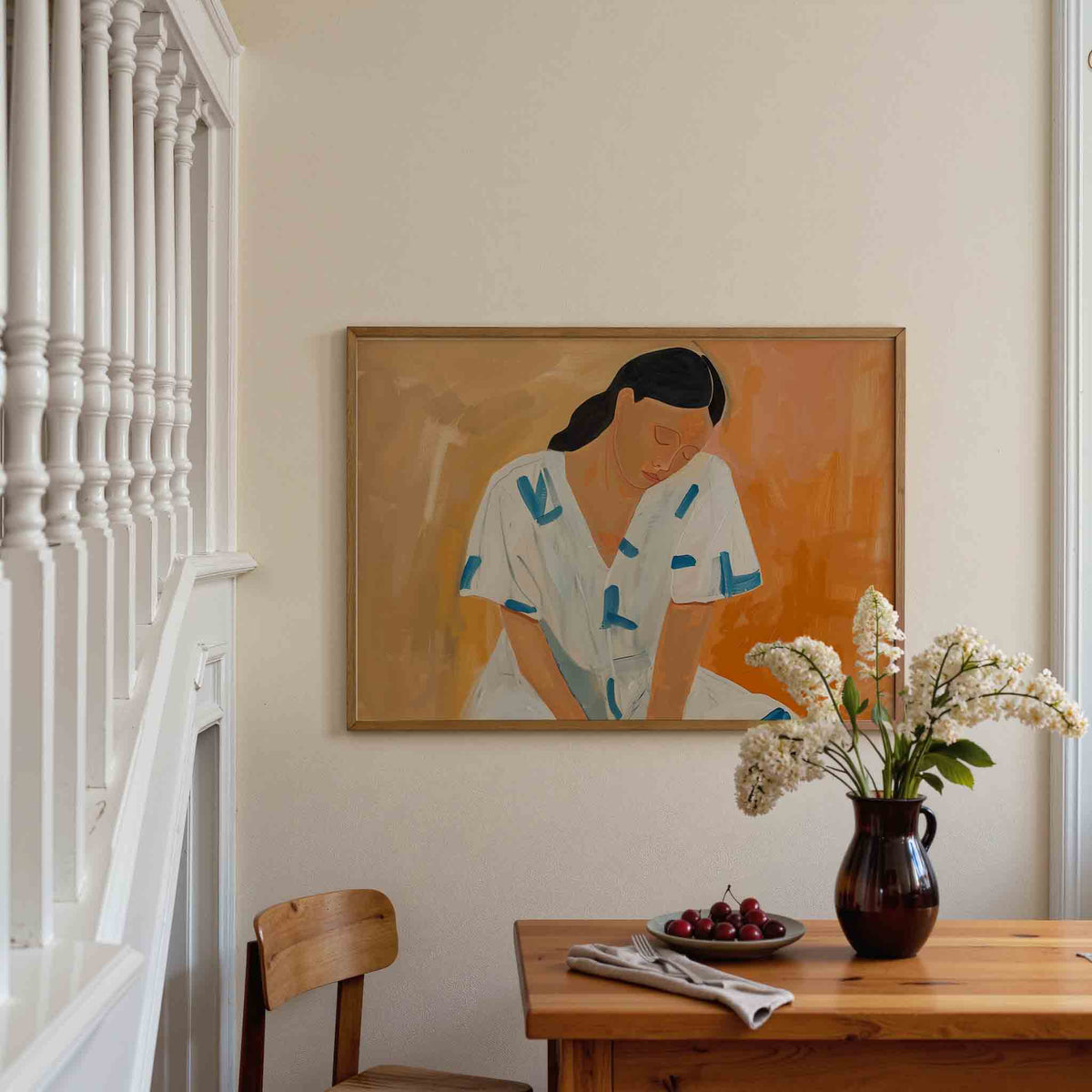Vrouw in witte jurk – liggende illustratie poster als wanddecoratie