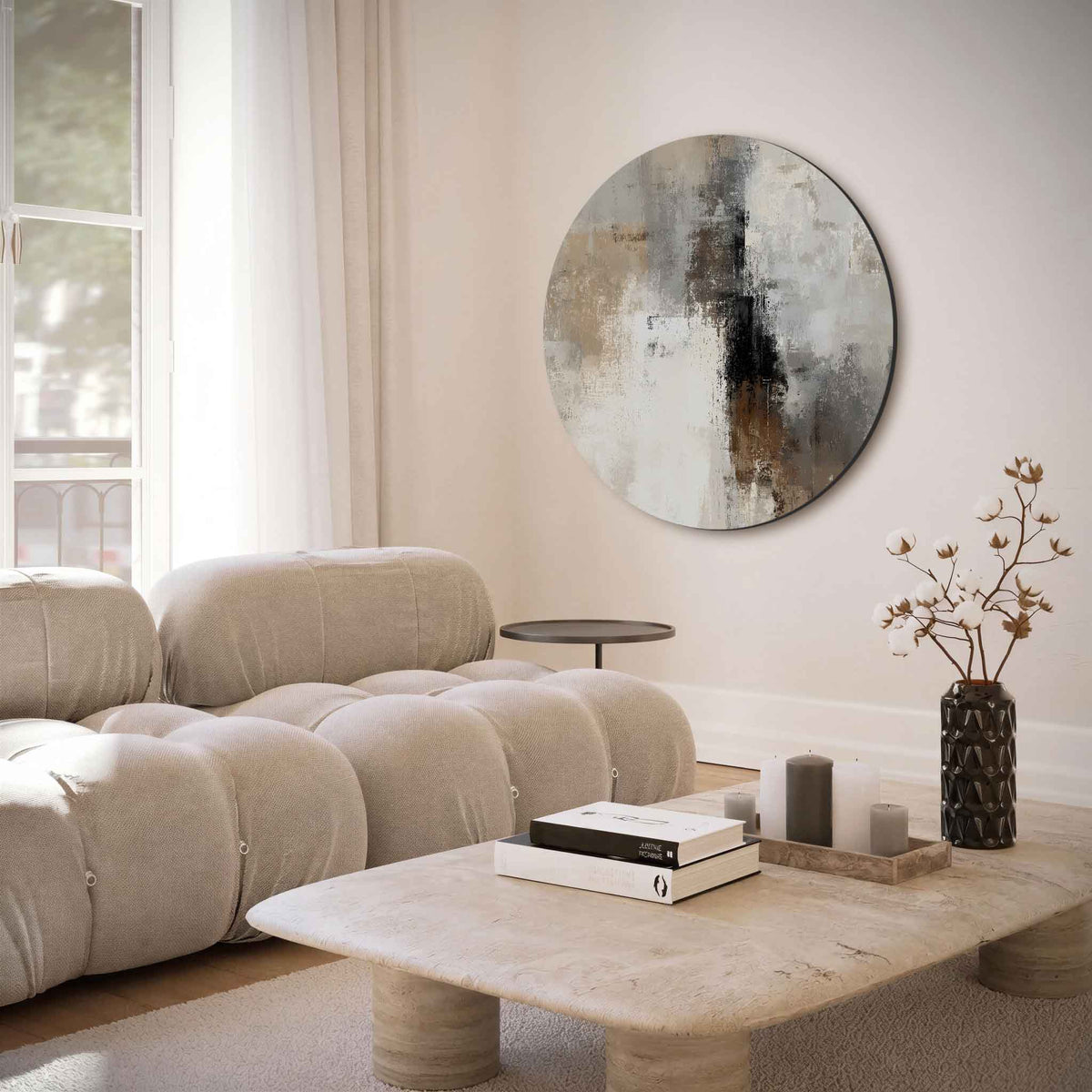 Abstracte beige – moderne abstracte muurcirkel voor aan de muur