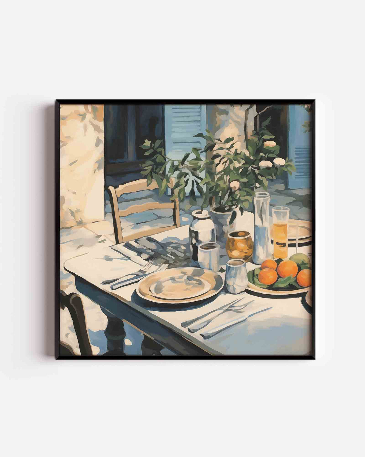 Ontbijttafel met fruit – bloemen vierkante poster als wanddecoratie